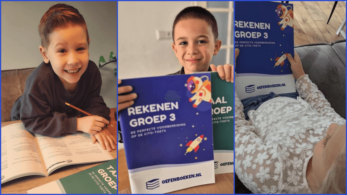 Kinderen met groep 3 rekenen oefenboek aan het oefenen.