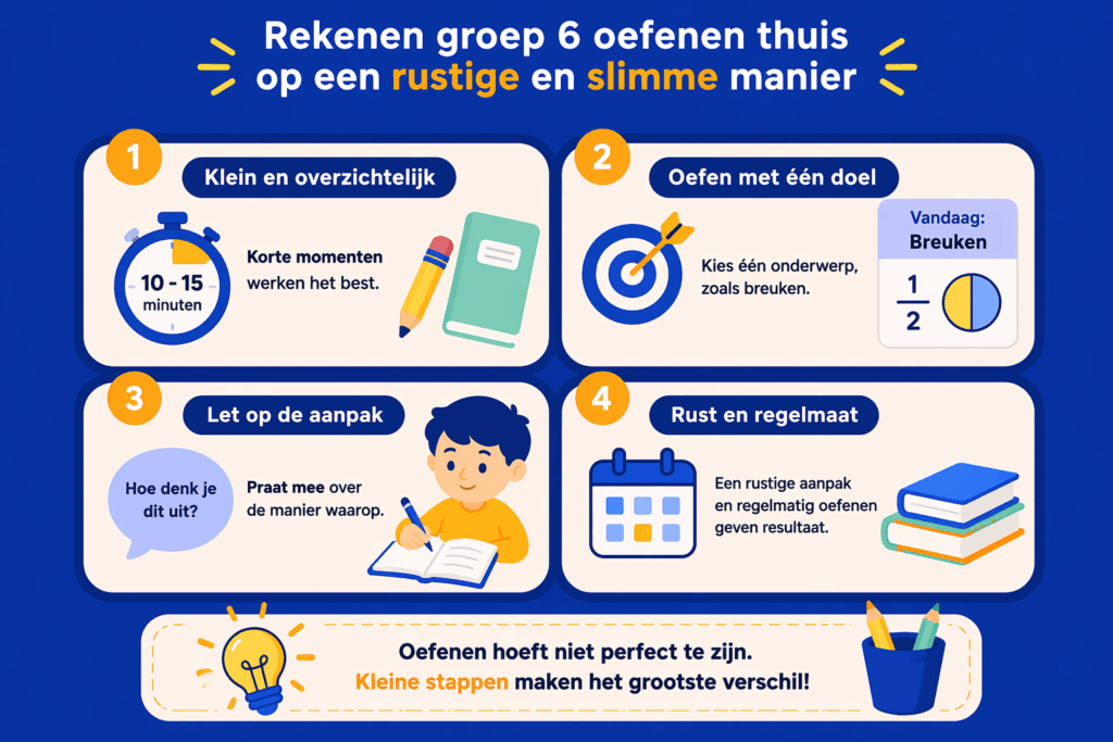 Infographic met tips voor rekenen oefenen in groep 6 thuis zoals korte oefenmomenten, één doel per keer en aandacht voor de aanpak