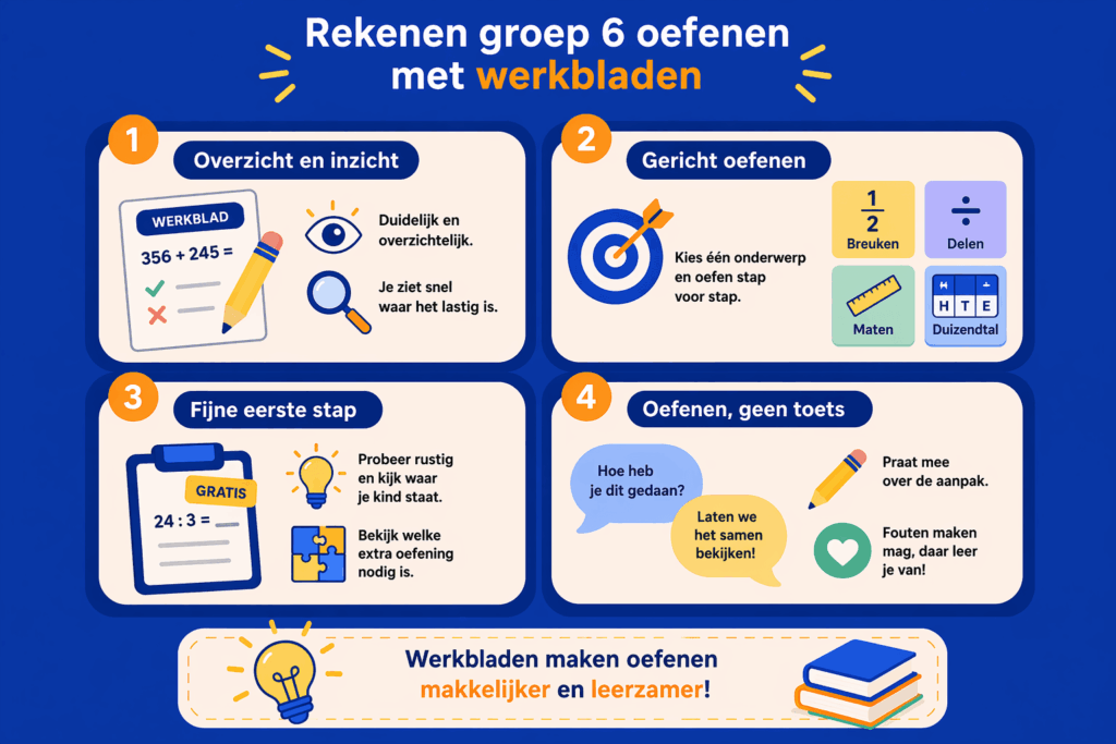 Infographic met tips voor rekenen groep 6 oefenen met werkbladen zoals overzicht krijgen, gericht oefenen en rustig samen de aanpak bespreken