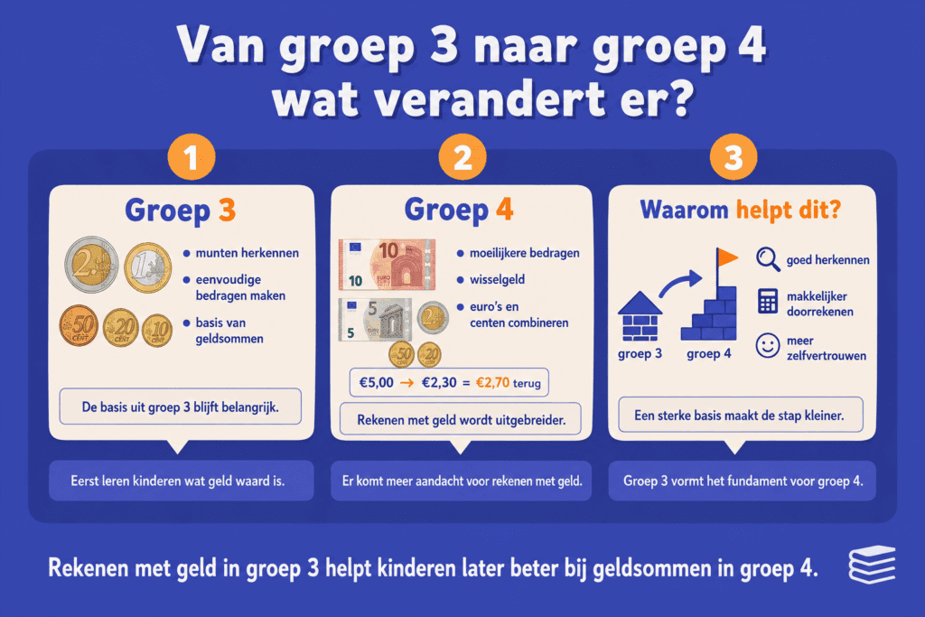Infographic die laat zien wat er verandert van groep 3 naar groep 4 bij rekenen met geld, met aandacht voor munten herkennen, wisselgeld, euro’s en centen combineren en meer vertrouwen bij geldsommen.