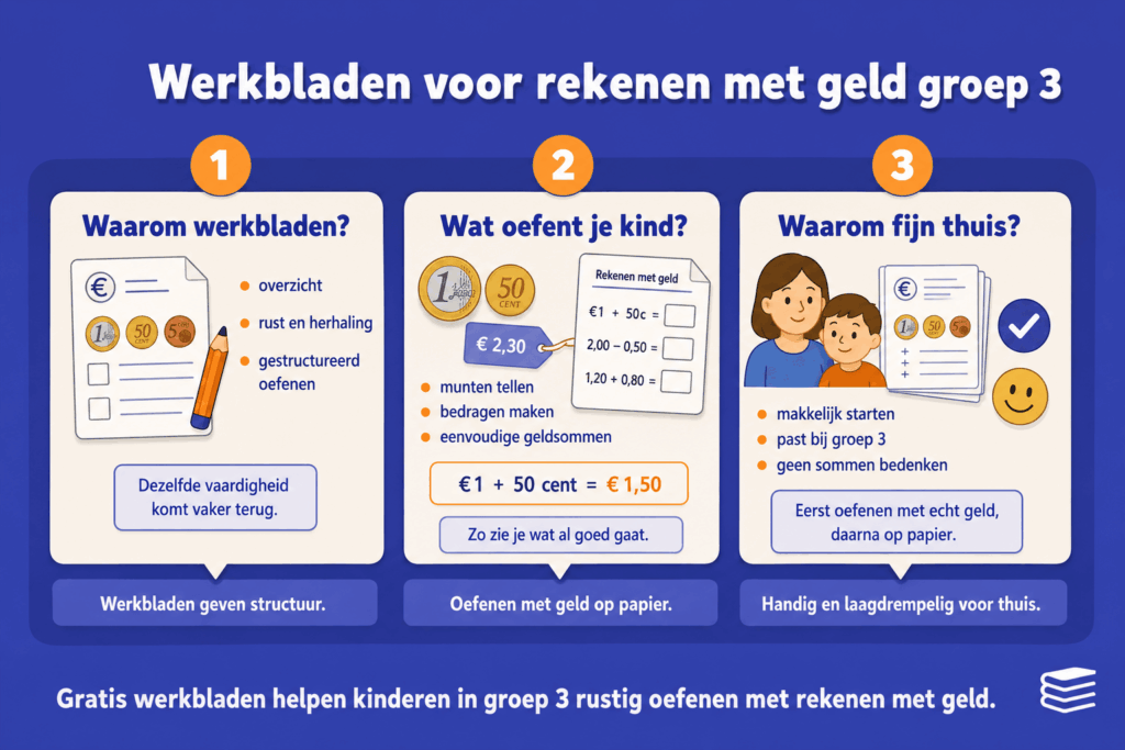 Infographic die uitlegt hoe werkbladen kinderen in groep 3 helpen met rekenen met geld, zoals munten tellen, bedragen maken en eenvoudige geldsommen oefenen.