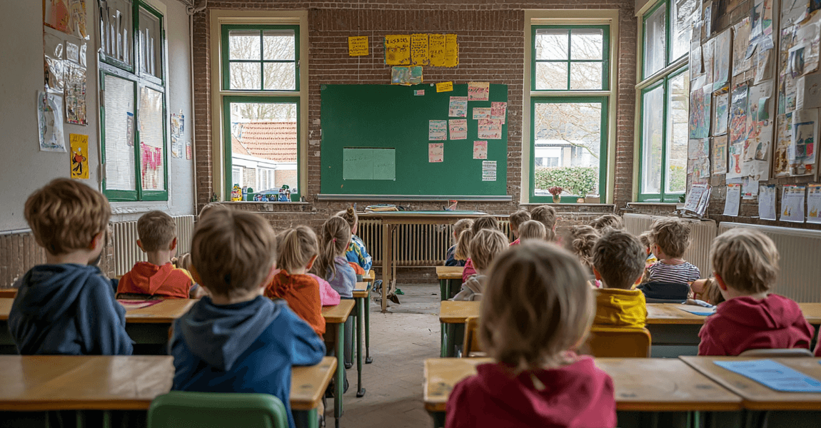 Klaslokaal met basisschoolkinderen tijdens taalles over het onbepaald voornaamwoord en andere woordsoorten