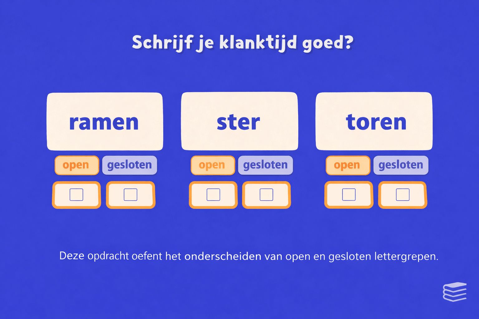 Oefenblad spelling groep 4 met de titel schrijf je klanktijd goed waarbij de woorden ramen, ster en toren moeten worden ingedeeld bij open of gesloten lettergrepen met aankruisvakjes.