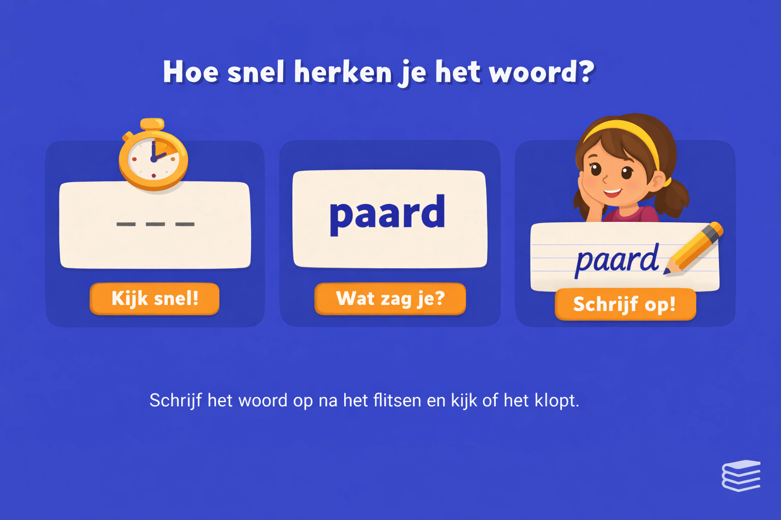 Oefenblad met de titel hoe snel herken je het woord waarbij het woord paard kort wordt getoond, daarna herkend en vervolgens opgeschreven moet worden.