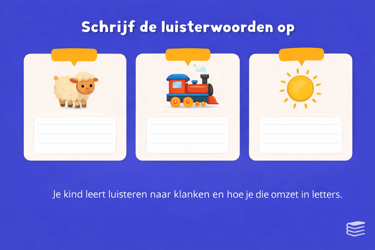 Oefenblad met de titel schrijf de luisterwoorden op, met drie afbeeldingen van een schaap, een trein en de zon en daaronder schrijflijnen voor het opschrijven van de woorden.