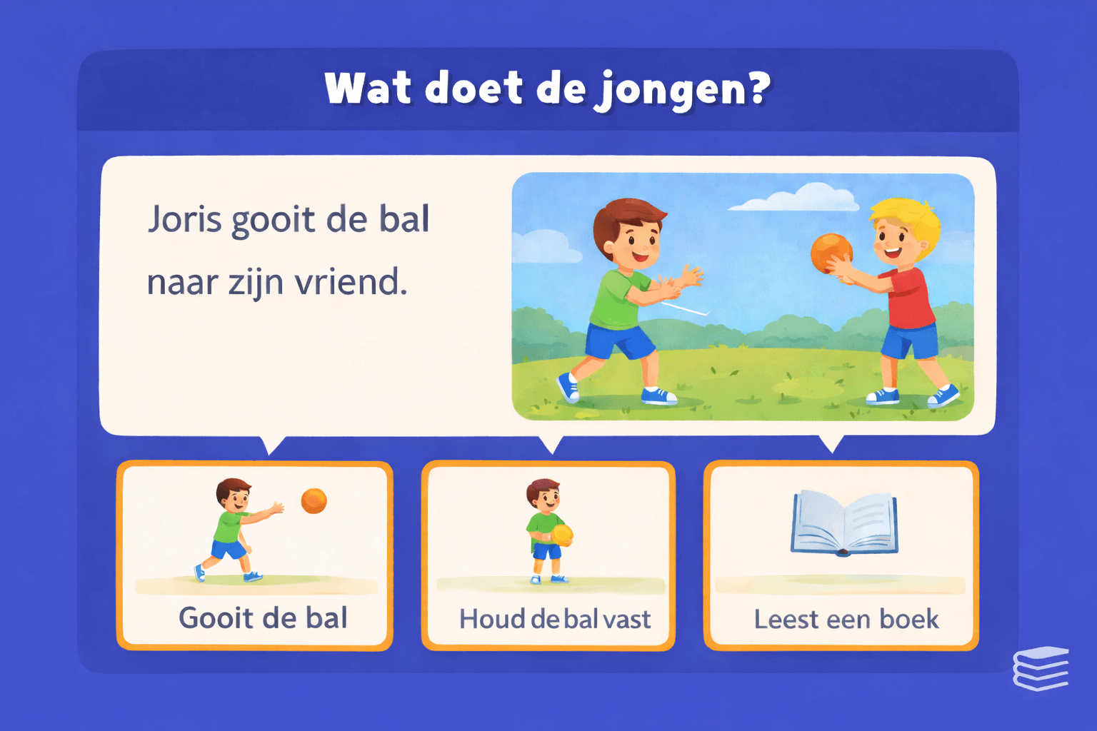 Oefening voor begrijpend lezen in groep 3 waarbij kinderen een korte zin lezen en kiezen wat de jongen doet door het juiste antwoord bij de afbeelding te selecteren