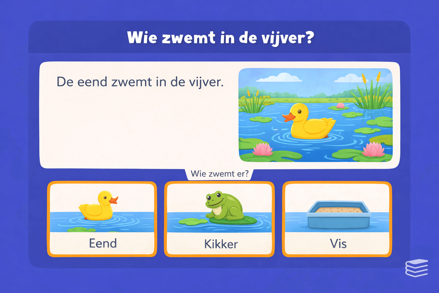 Oefening voor begrijpend lezen in groep 3 met een korte zin over een eend in de vijver waarbij kinderen kiezen welk dier zwemt op basis van de tekst en afbeelding