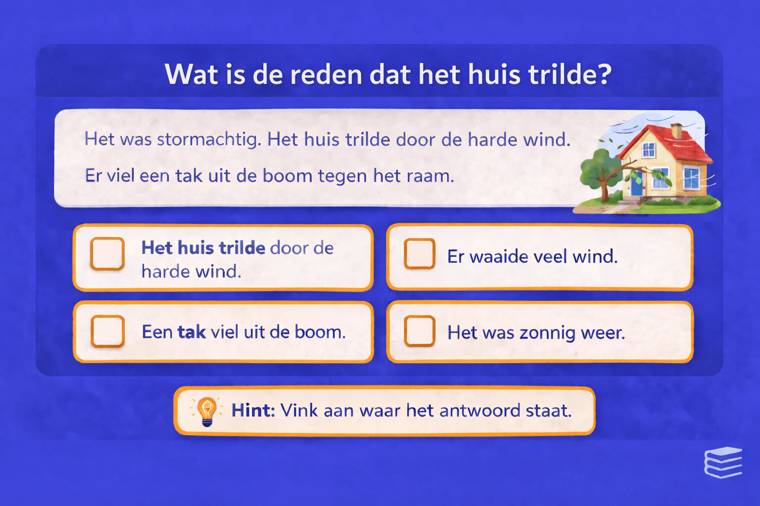 Oefening voor begrijpend lezen in groep 4 met een korte tekst over stormachtig weer en meerkeuzeantwoorden waarbij kinderen moeten aankruisen wat de reden is dat het huis trilde.