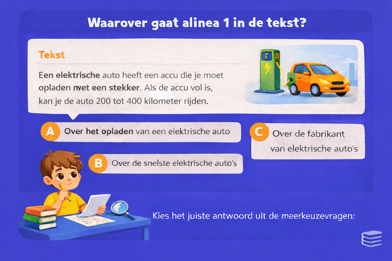 Leerling bepaalt de hoofdgedachte van alinea 1 in een informatieve tekst over een elektrische auto en kiest het juiste antwoord uit meerkeuzeopties bij begrijpend lezen groep 7