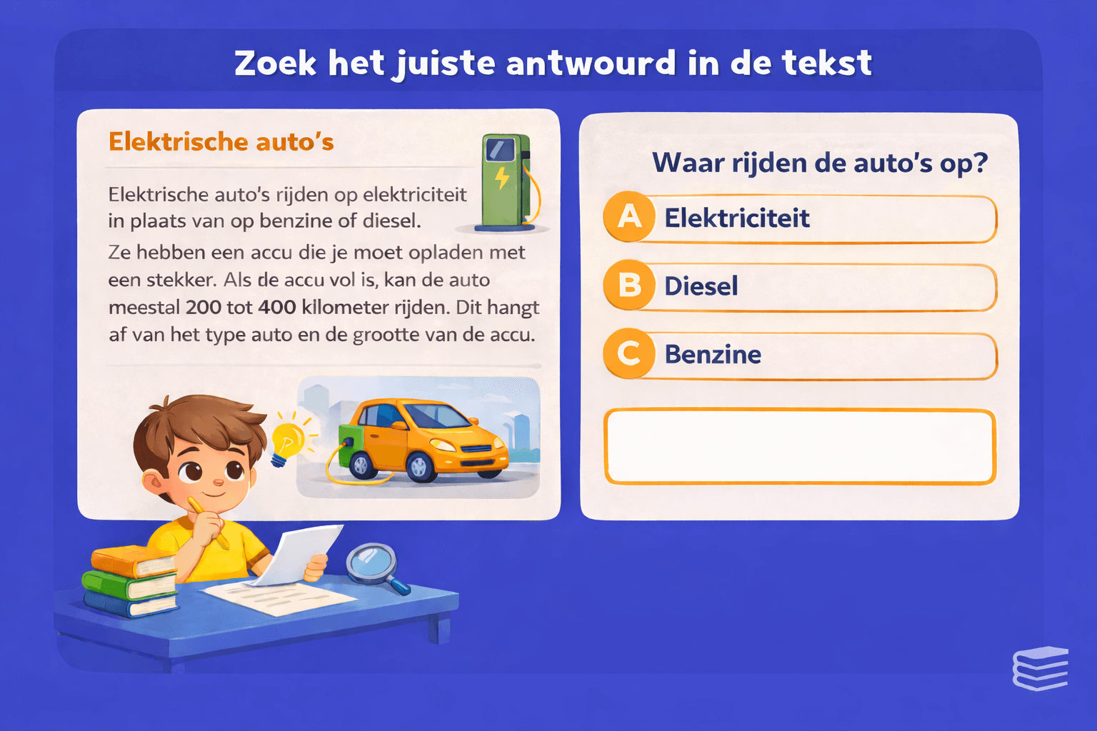 Leerling zoekt het juiste antwoord in een informatieve tekst over elektrische auto’s en beantwoordt een meerkeuzevraag bij begrijpend lezen groep 7