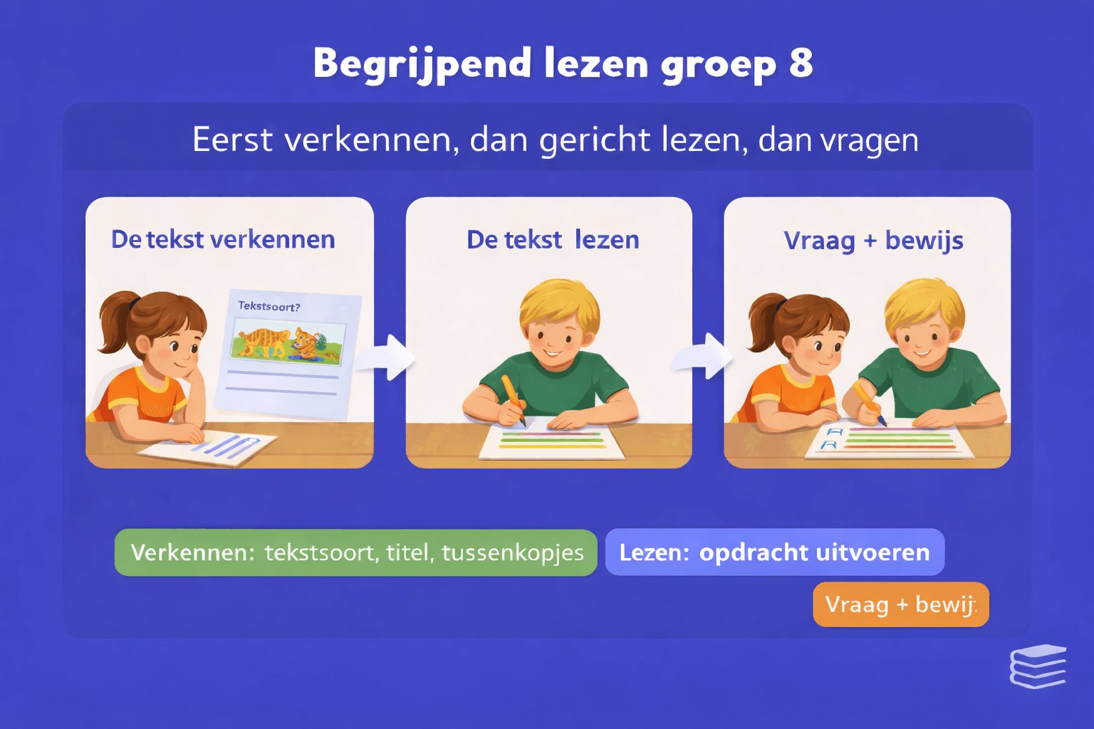 Schema begrijpend lezen groep 8 met drie stappen eerst de tekst verkennen daarna gericht lezen en tot slot vragen beantwoorden met bewijs in de tekst