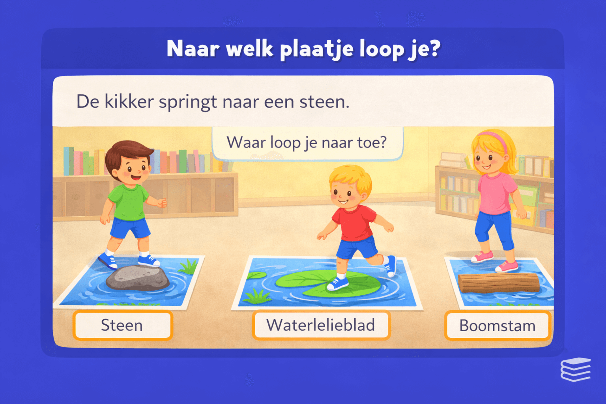 Bewegend leren opdracht voor begrijpend lezen in groep 3 waarbij kinderen naar het juiste plaatje lopen na het lezen van de zin De kikker springt naar een steen met keuze uit steen waterlelieblad of boomstam