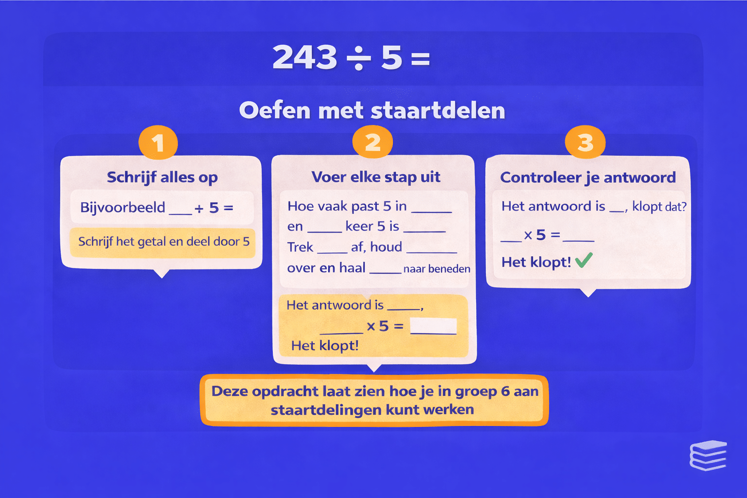 Rekenoefening voor groep 6 waarin kinderen een staartdeling oplossen door elke stap op te schrijven en het antwoord te controleren