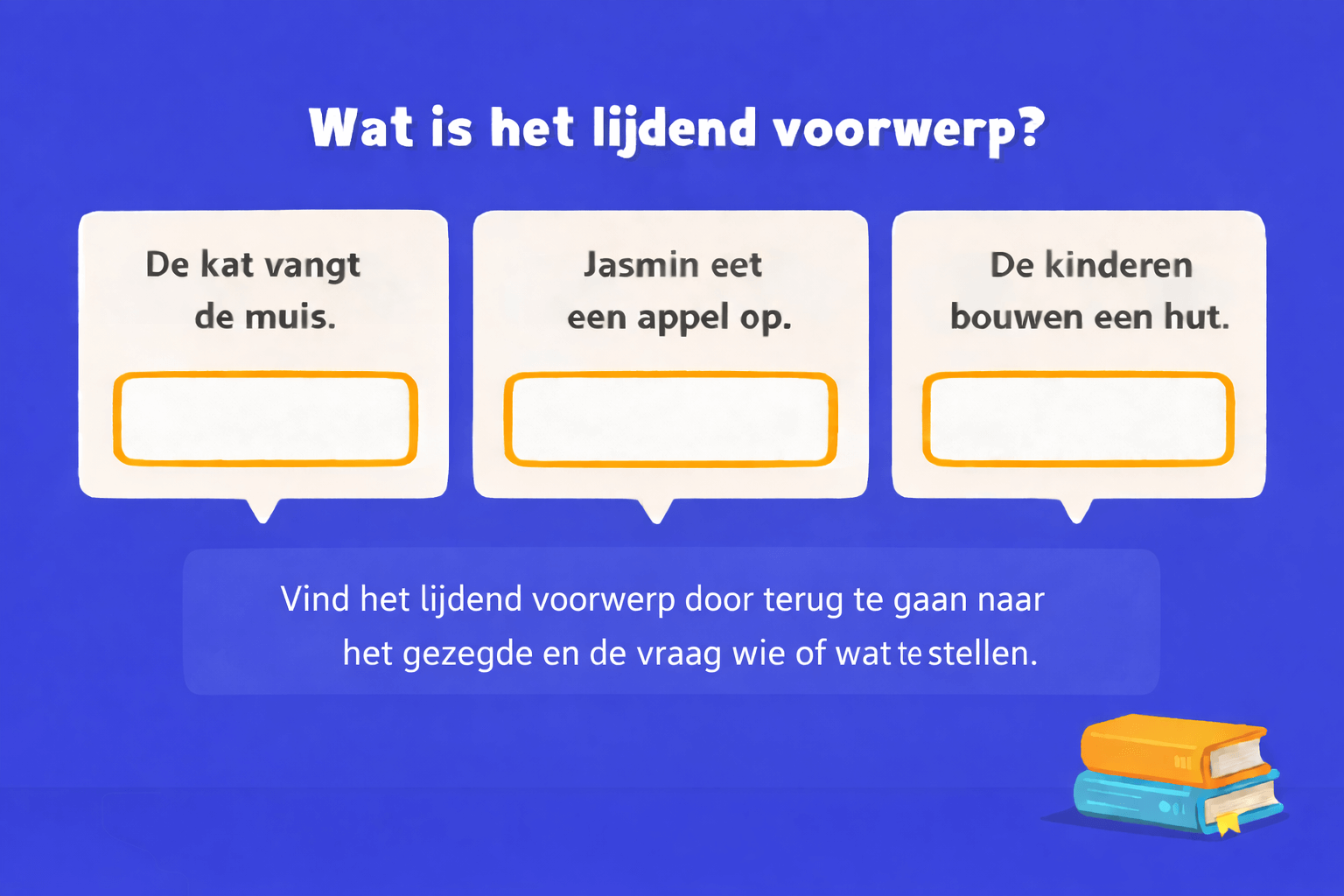 Oefening voor groep 7 waarbij kinderen in drie zinnen het lijdend voorwerp moeten invullen door eerst het gezegde te zoeken en daarna de vraag wie of wat te stellen.