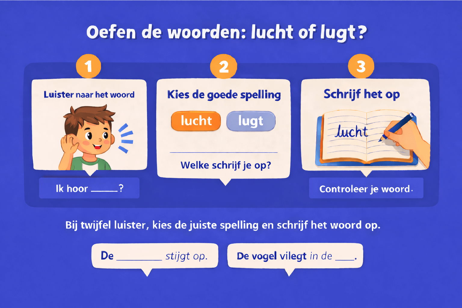 Oefenblad groep 5 spelling met de titel oefen de woorden lucht of lugt waarbij leerlingen luisteren, de juiste spelling kiezen en het woord lucht opschrijven en invullen in zinnen.