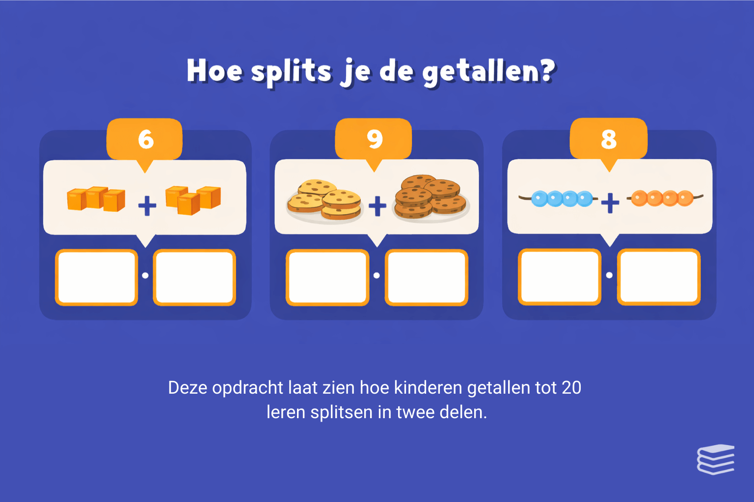 Rekenvoorbeeld voor groep 3 waarin een kind leert een getal te splitsen in twee delen.