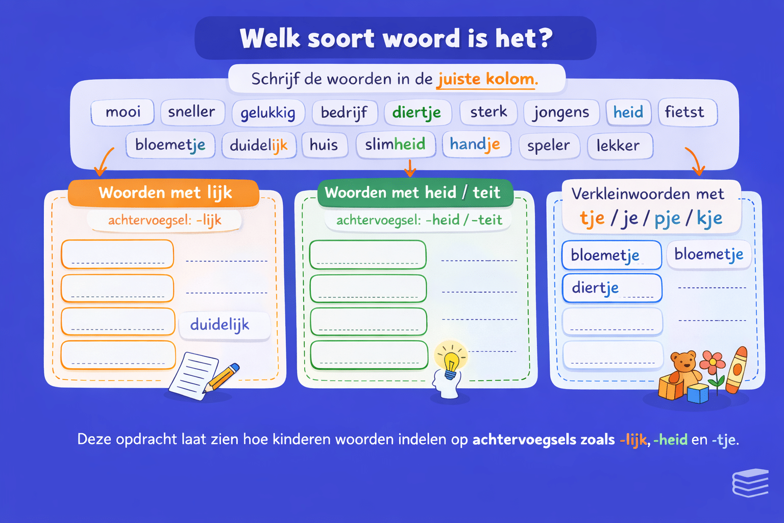 Werkblad spelling groep 7 waarbij kinderen woorden sorteren op achtervoegsels zoals lijk heid en tje en deze in de juiste kolom invullen.