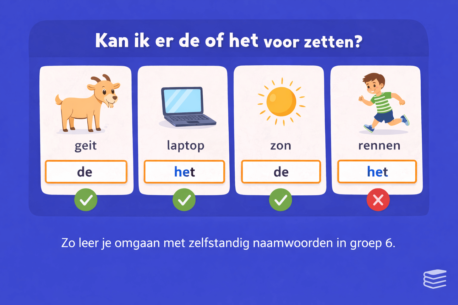 Oefening voor groep 6 waarin kinderen bepalen of een zelfstandig naamwoord het lidwoord de of het krijgt met voorbeelden zoals geit laptop zon en lopen