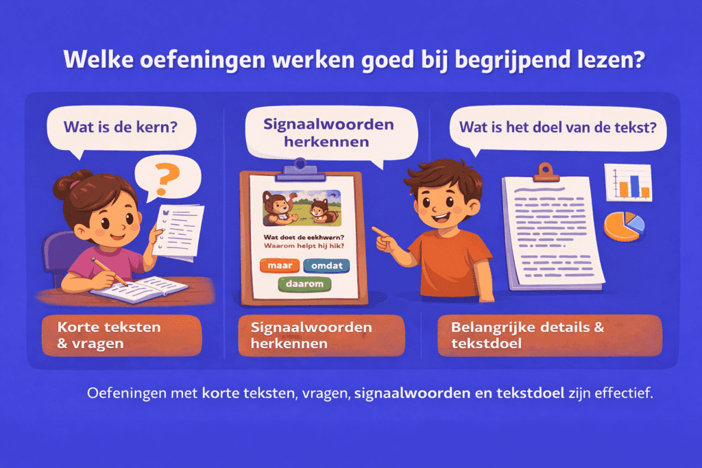 Kinderen die oefenen met begrijpend lezen met korte teksten signaalwoorden en tekstdoel