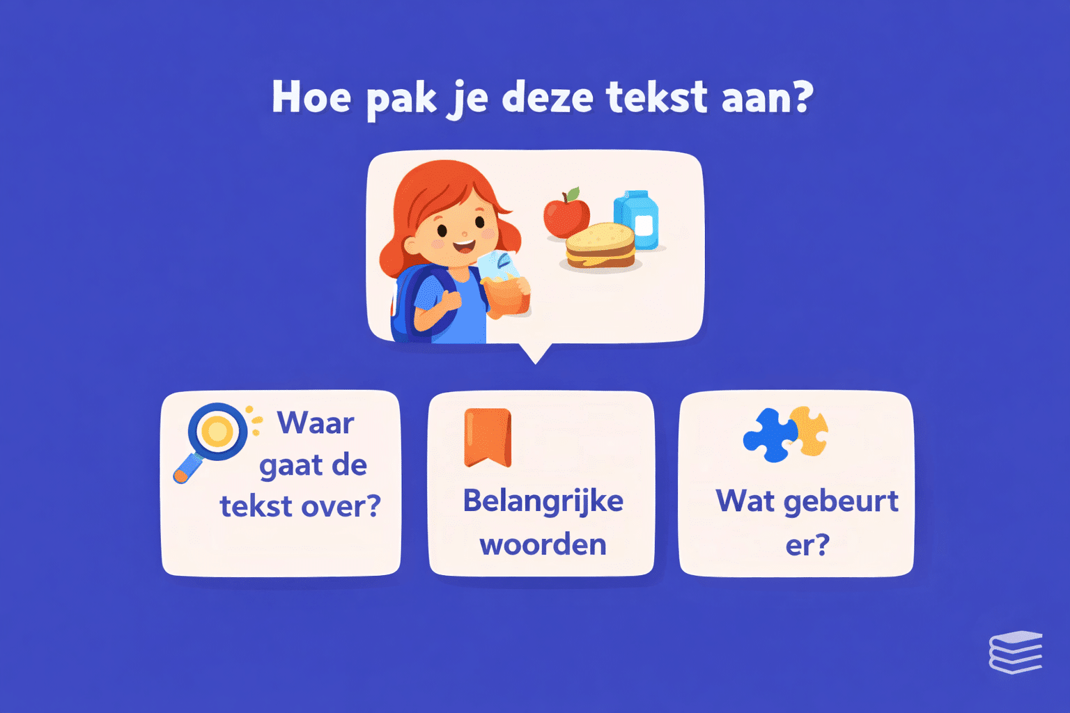 Illustratie met een begrijpend lezen opdracht voor de basisschool waarbij kinderen nadenken over waar een tekst over gaat, belangrijke woorden herkennen en gebeurtenissen in een verhaal begrijpen.
