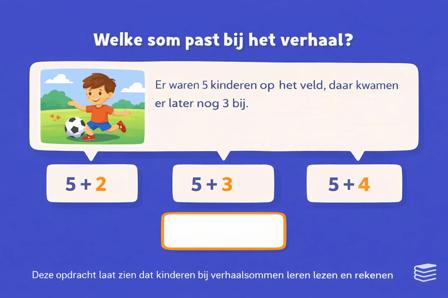 Illustratie met een begrijpend lezen opdracht op de basisschool waarbij kinderen een korte tekst lezen en bepalen welke rekensom bij het verhaal past.