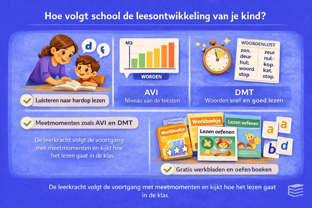 Illustratie die laat zien hoe school de leesontwikkeling van een kind volgt, zoals luisteren naar hardop lezen, meten met AVI en DMT en extra oefenen met werkbladen en oefenboeken