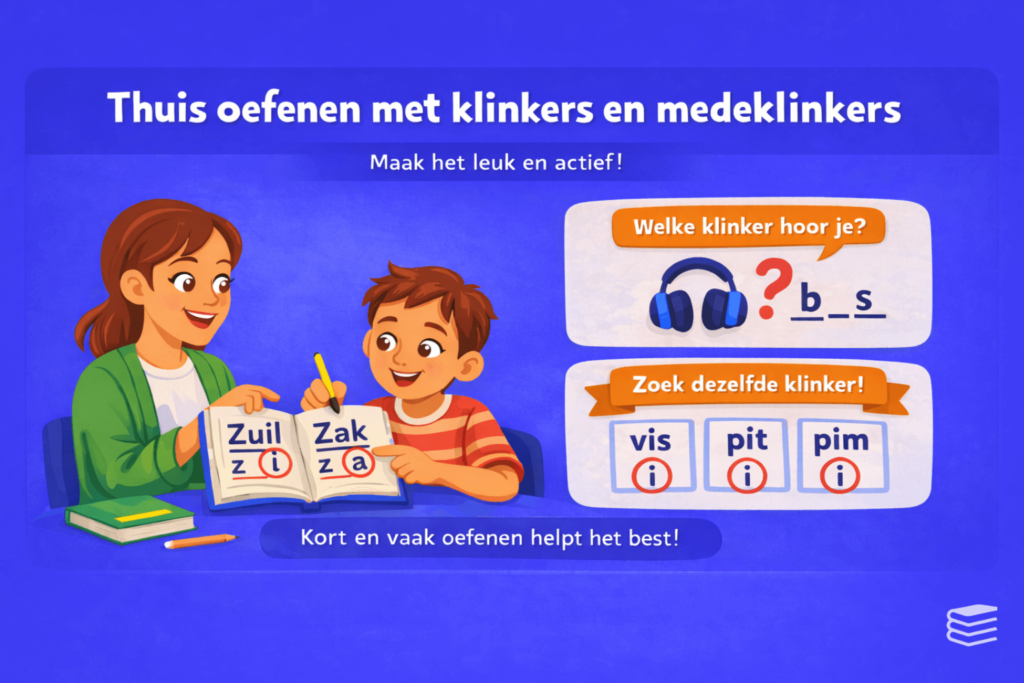 Ouder oefent thuis met een kind klinkers en medeklinkers aan de hand van korte woorden