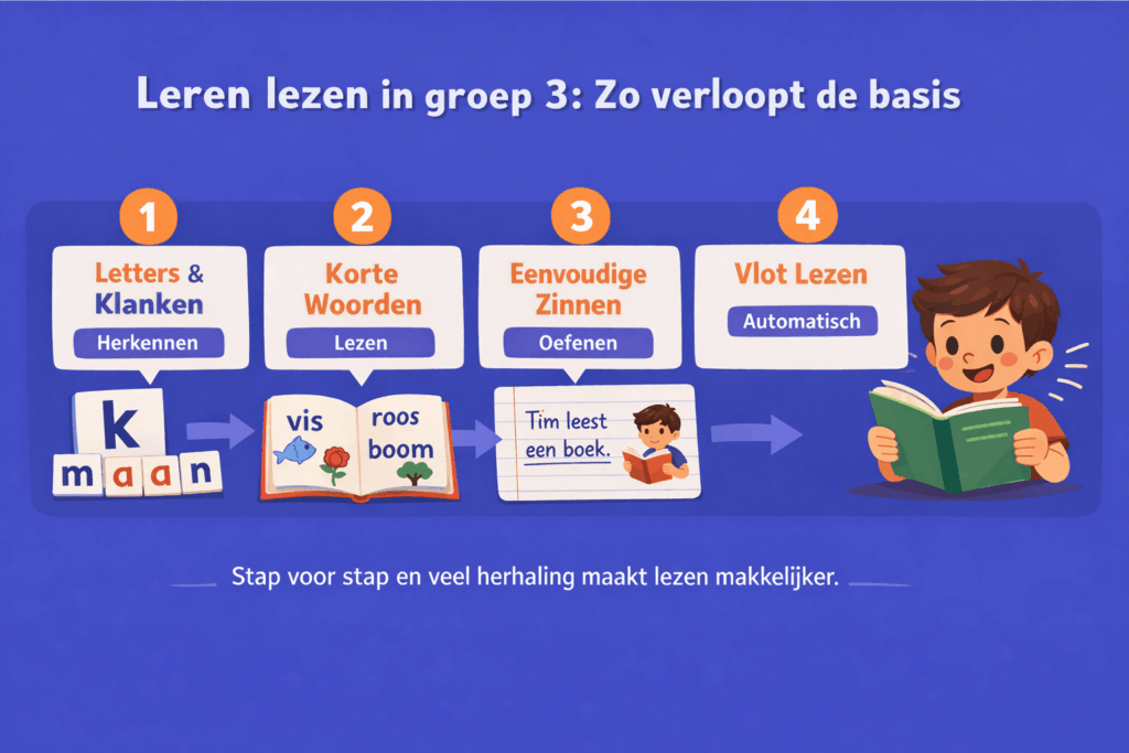 Stappenplan voor leren lezen in groep 3 met letters klanken woorden zinnen en vlot lezen