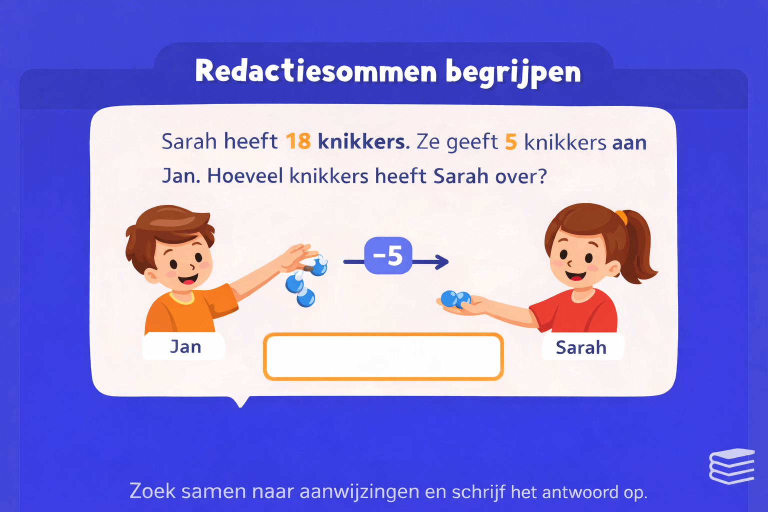 Illustratie van een redactiesom voor rekenen op de basisschool waarbij kinderen een verhaalsom oplossen over knikkers en het antwoord invullen.