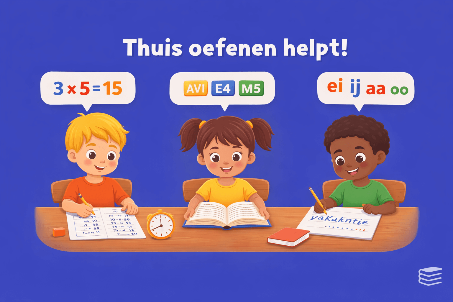 Kinderen oefenen rekenen, lezen en spelling aan tafel met schoolopdrachten en boeken. Illustratie over thuis oefenen voor de basisschool.