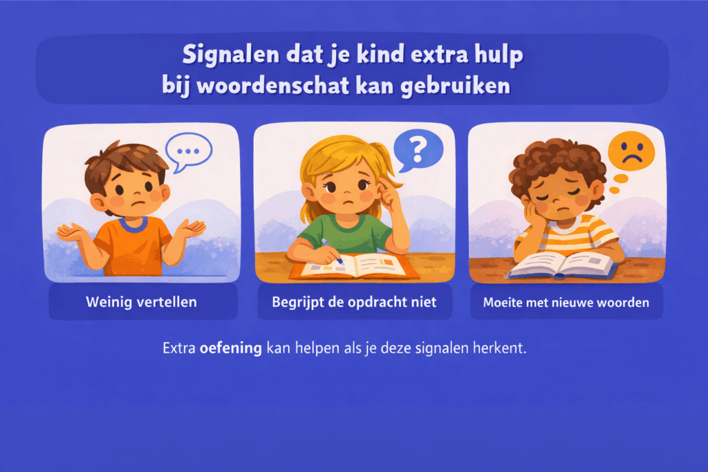 Illustratie met drie kinderen die moeite hebben met woordenschat oefenen in de onderbouw zoals weinig vertellen, de opdracht niet begrijpen en moeite met nieuwe woorden
