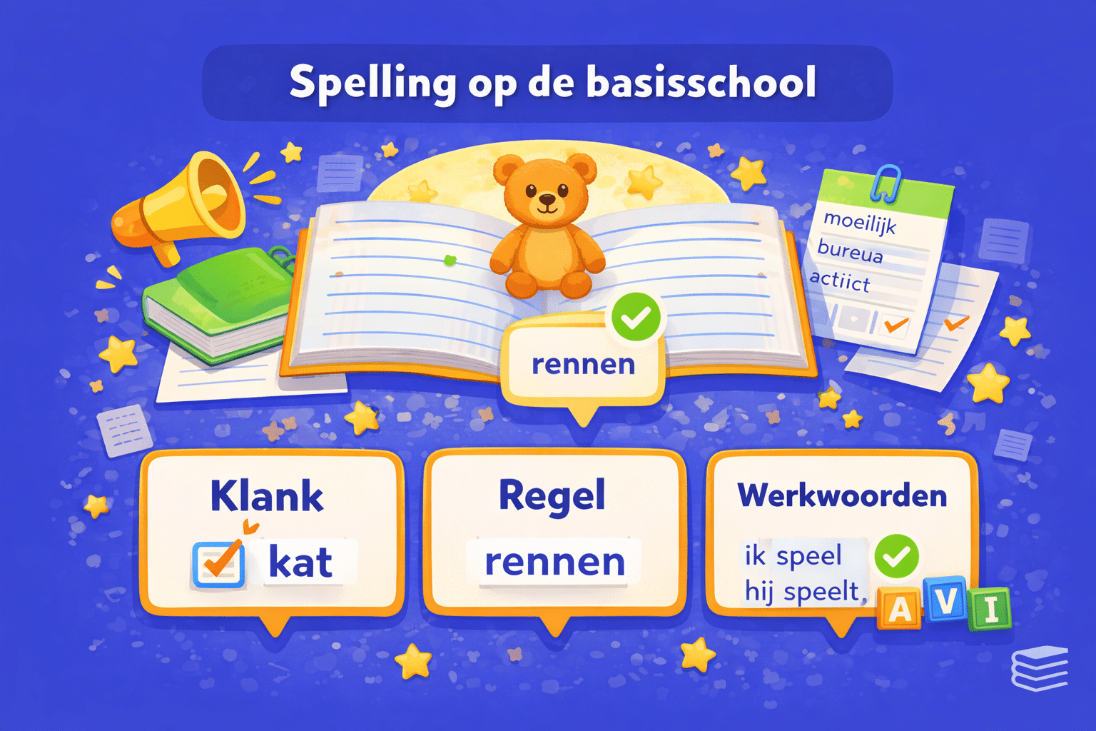 Illustratie die laat zien hoe spelling op de basisschool wordt geleerd met klankwoorden, spellingregels en werkwoordspelling voor kinderen in groep 3 tot en met groep 8