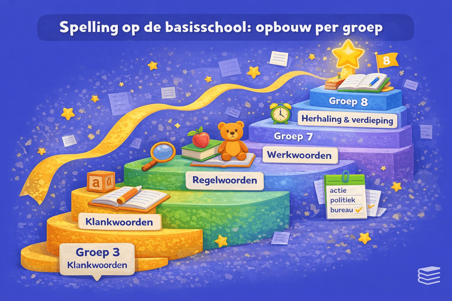 Illustratie van een trap met de opbouw van spelling op de basisschool waarbij kinderen van groep 3 tot en met groep 8 stap voor stap nieuwe spellingregels leren zoals klankwoorden, spellingregels, complexe woorden en werkwoordspelling