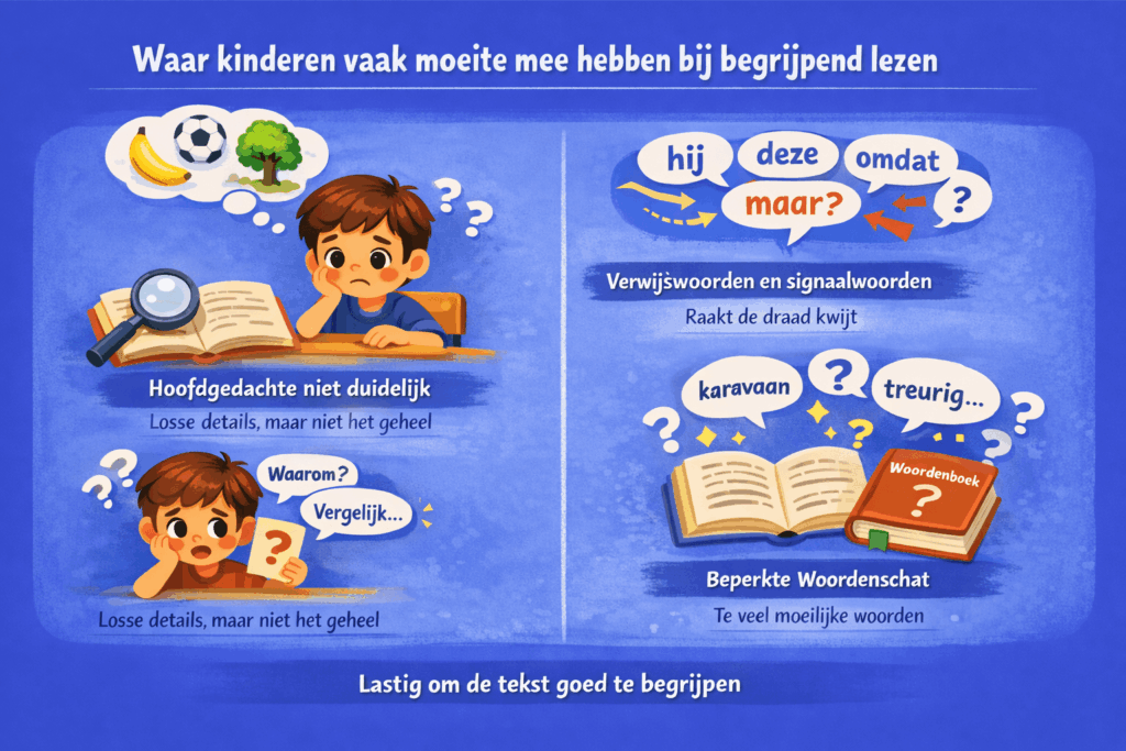 Illustratie die laat zien waar kinderen vaak moeite mee hebben bij begrijpend lezen, zoals het herkennen van de hoofdgedachte, begrijpen van verwijswoorden en signaalwoorden, beantwoorden van vragen en een beperkte woordenschat.