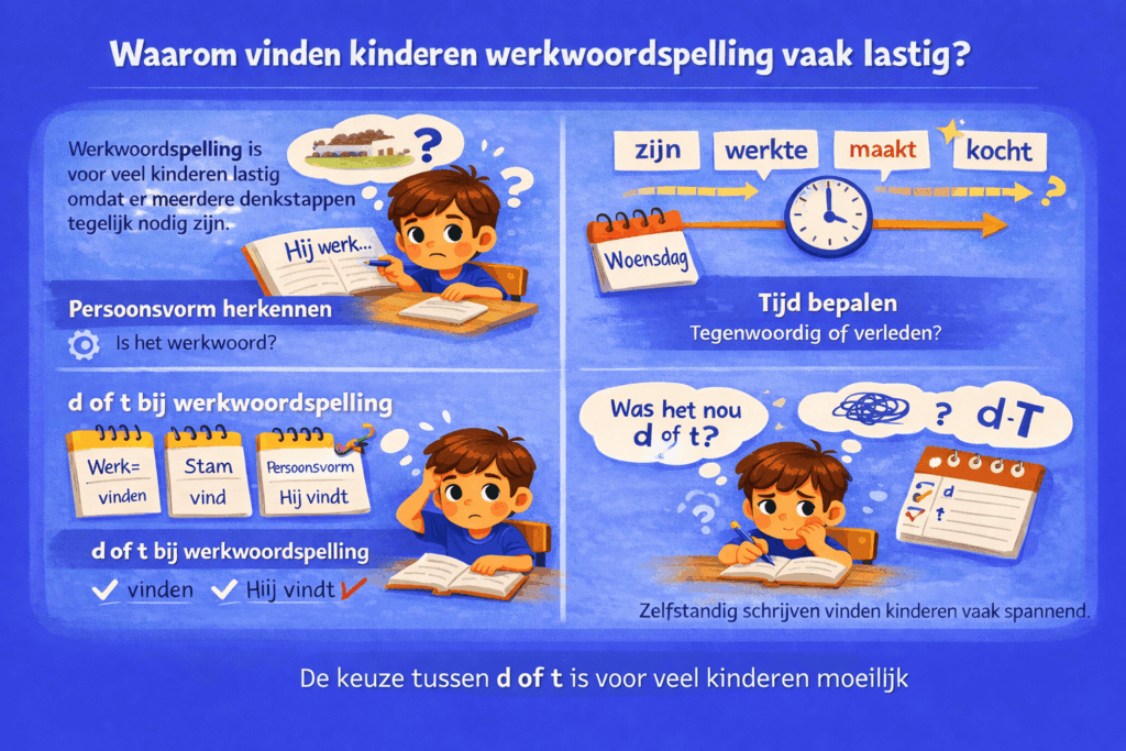 Illustratie die laat zien waarom kinderen moeite hebben met werkwoordspelling, zoals het herkennen van de persoonsvorm, het bepalen van de tijd en het kiezen tussen d of t.