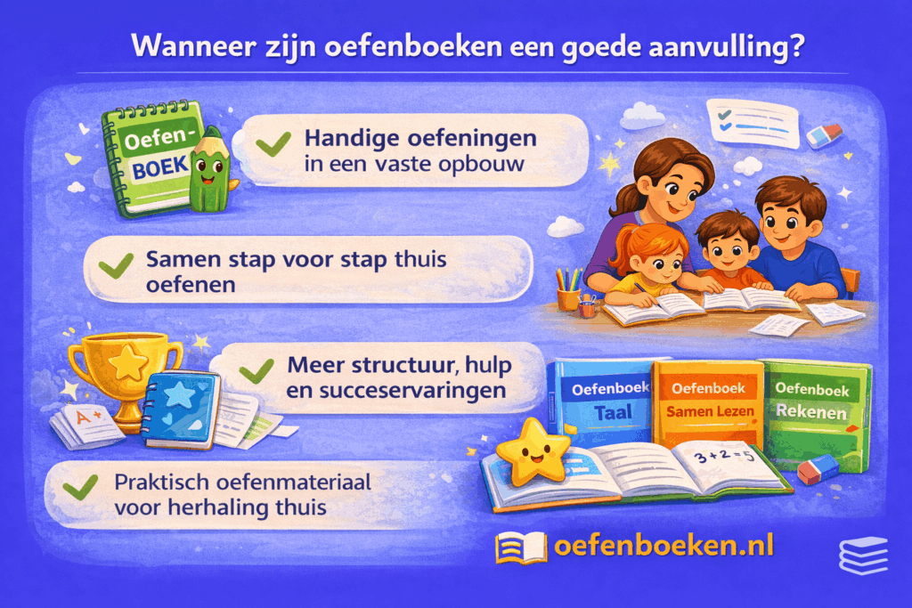 Illustratie die laat zien wanneer oefenboeken een goede aanvulling zijn, met voordelen zoals structuur, stap voor stap oefenen, herhaling en meer zelfvertrouwen bij kinderen.