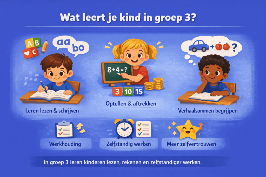 Illustratie over wat kinderen leren in groep 3, zoals lezen, schrijven, optellen, aftrekken, verhaalsommen begrijpen, zelfstandig werken en meer zelfvertrouwen opbouwen.