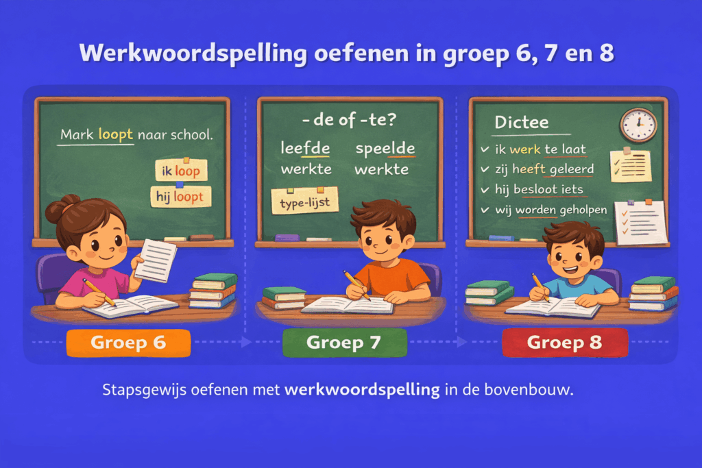 Kinderen uit groep 6 7 en 8 oefenen met werkwoordspelling met voorbeelden en zinnen