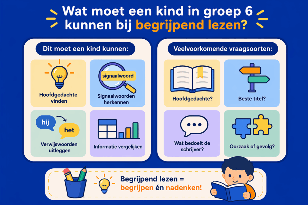 Infographic met belangrijkste vaardigheden voor begrijpend lezen in groep 6 zoals hoofdgedachte vinden, signaalwoorden herkennen en verbanden begrijpen