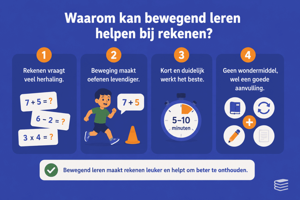 Educatieve illustratie over bewegend leren bij rekenen met voorbeelden van rekensommen, bewegen tijdens het oefenen en korte actieve rekenspellen. De afbeelding laat zien dat bewegen rekenen leuker maakt en helpt om sommen beter te onthouden.