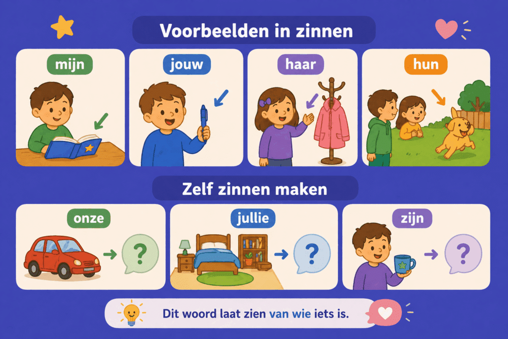 Infographic met simpele illustraties die voorbeelden laten zien van bezittelijke voornaamwoorden in zinnen zoals mijn boek, jouw pen en hun hond, en hoe kinderen dit herkennen
