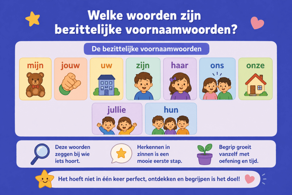 Infographic met eenvoudige illustraties die laten zien wat bezittelijke voornaamwoorden zijn zoals mijn, jouw, zijn en haar en hoe kinderen deze herkennen in zinnen