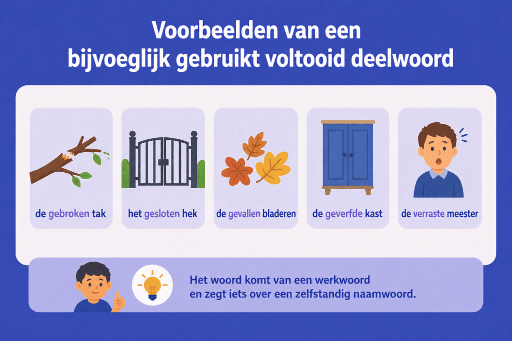 Infographic met voorbeelden van een bijvoeglijk gebruikt voltooid deelwoord zoals gebroken tak, gesloten hek en geverfde kast met eenvoudige illustraties