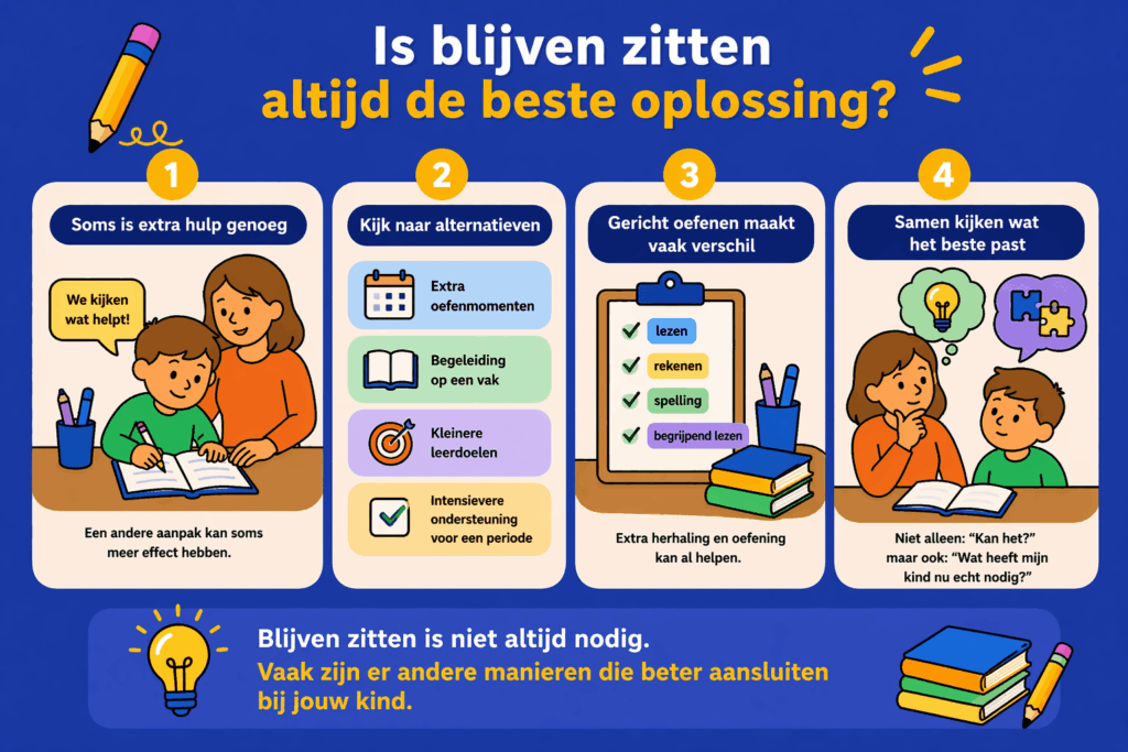 Infographic over alternatieven voor blijven zitten met visuele uitleg over extra hulp, gerichte oefening, begeleiding en het kiezen van de juiste aanpak voor een kind
