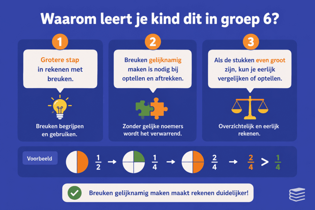 Eenvoudige educatieve illustratie over breuken gelijknamig maken in groep 6 met voorbeelden van taartpunten en breuken zoals 1/2, 1/4 en 2/4. De afbeelding laat zien hoe kinderen breuken leren vergelijken en optellen door de stukken even groot te maken.