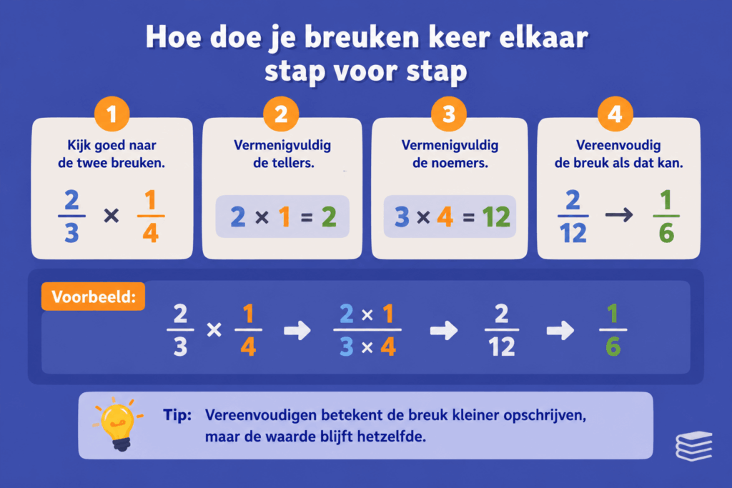 Eenvoudige educatieve illustratie die stap voor stap laat zien hoe kinderen breuken met elkaar vermenigvuldigen, met het voorbeeld 2/3 × 1/4 = 1/6 en uitleg over tellers, noemers en vereenvoudigen.