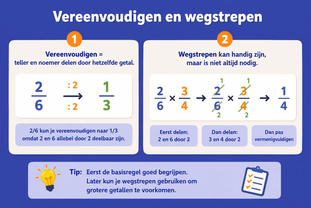 Eenvoudige educatieve illustratie die laat zien hoe kinderen breuken kunnen vereenvoudigen en wegstrepen, met voorbeelden zoals 2/6 naar 1/3 en uitleg over het delen van teller en noemer door hetzelfde getal.