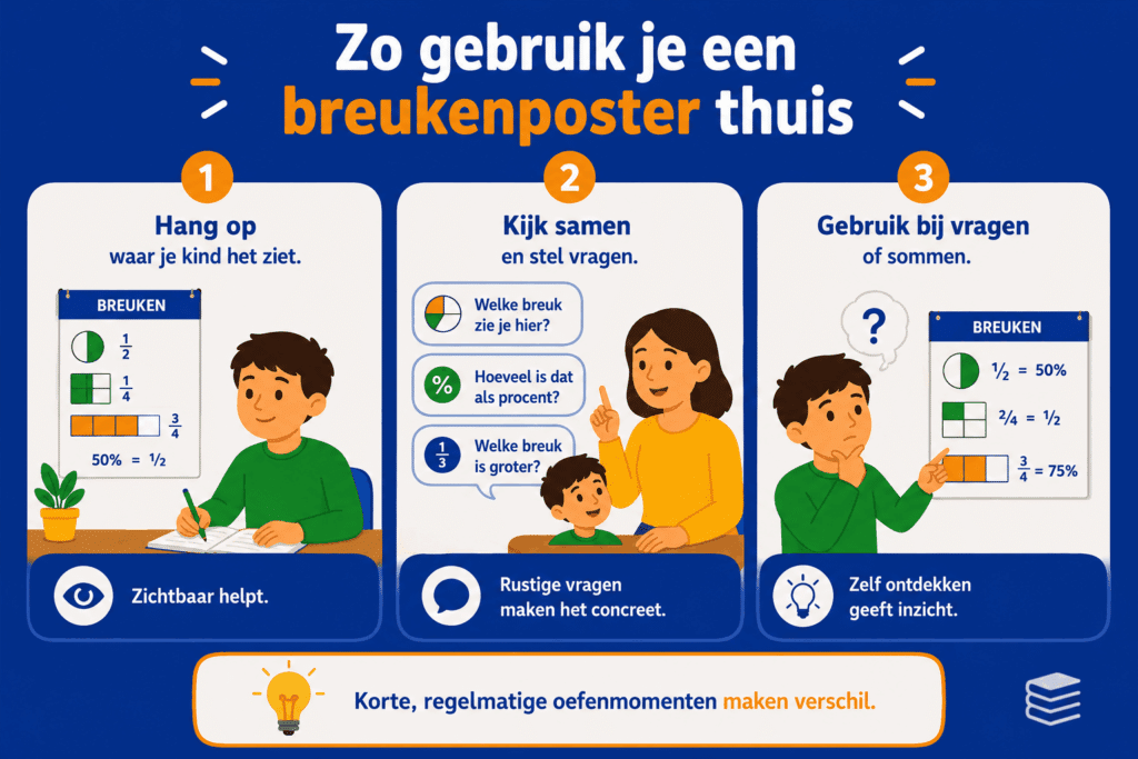Infographic over hoe je een breukenposter thuis gebruikt, met eenvoudige voorbeelden van samen kijken, vragen stellen en oefenen met breuken.