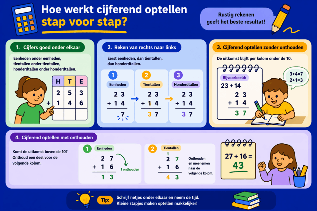 Educatieve illustratie die laat zien hoe cijferend optellen stap voor stap werkt, met aandacht voor cijfers onder elkaar zetten, rekenen van rechts naar links en optellen met en zonder onthouden.