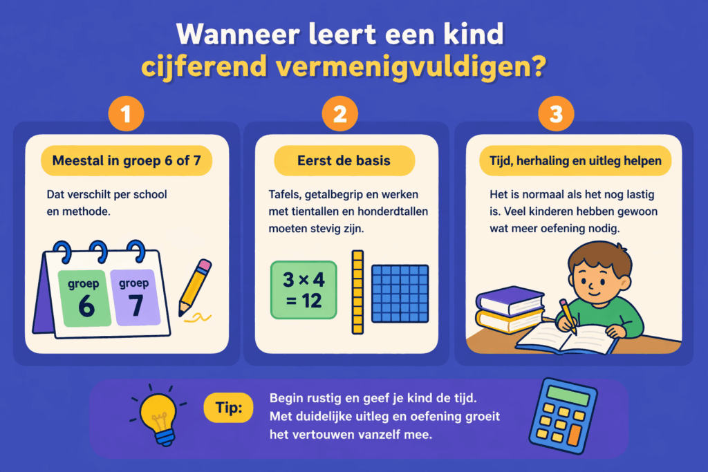 Infographic over wanneer kinderen cijferend vermenigvuldigen leren met uitleg over groep 6 en 7, het belang van de basis zoals tafels en getalbegrip, en dat oefenen en herhaling helpen